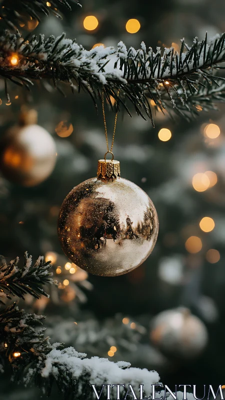 Gilded snow-kissed bauble glowing on a winter spruce.