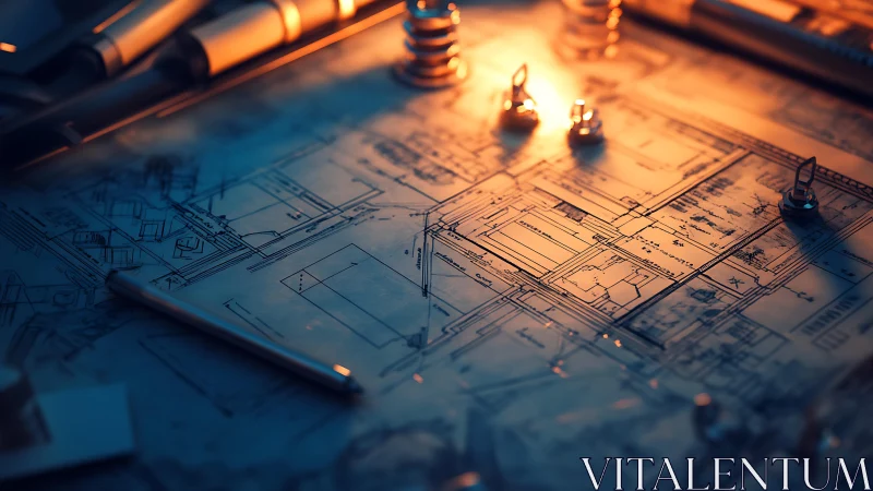 Architectural Blueprints with Precision Fasteners Under Warm Illumination.