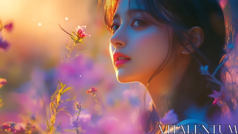 Dreamy portrait glows amid ethereal sunset wildflower field.
