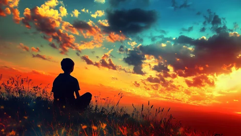 Silhouette of seated figure observes layered sunset sky