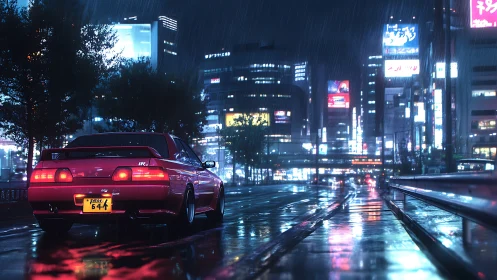 Cyberpunk night drive with neon-soaked rainy city streets.