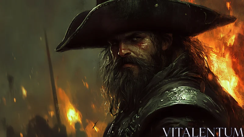 Battle-scarred pirate captain in flames and smoke.