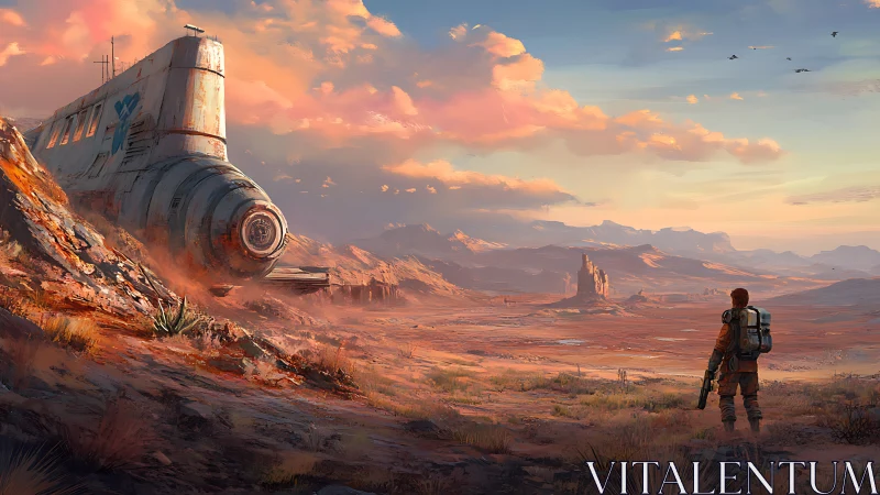 Rust-red horizons cradle a lone explorer and fallen craft