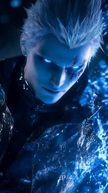 Cerulean cyber warrior with glowing eyes and fractured scarred face.