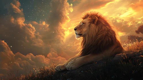 Majestic lion resting beneath blazing sunset clouds.