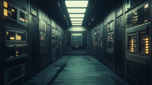 Futuristic server corridor glows with cold industrial light