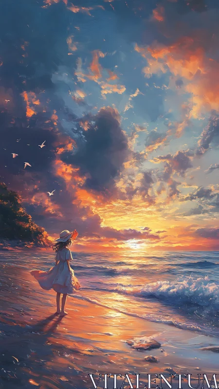 Sunlit shoreline figure observing luminous ocean sunset sky