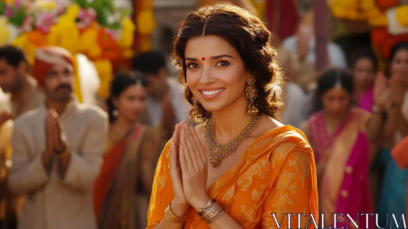 Smiling woman in orange saree greets during festive ceremony