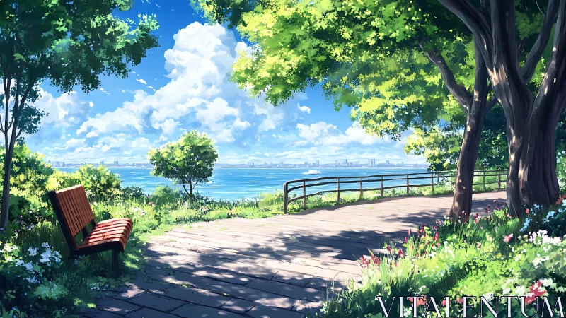 Park bench overlooks bright coastal city across blue water