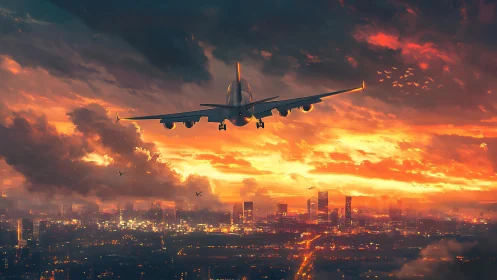 Passenger jet descends toward illuminated city at sunset