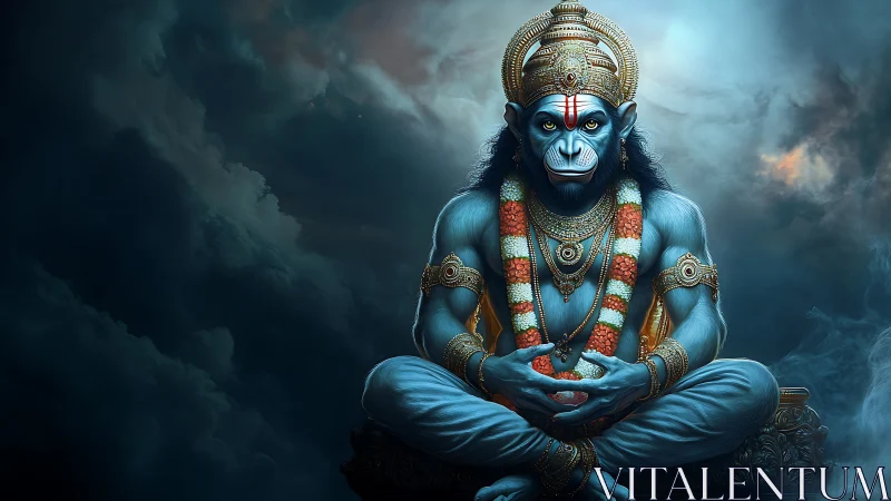 Serene blue deity in meditation under a moody, swirling sky.