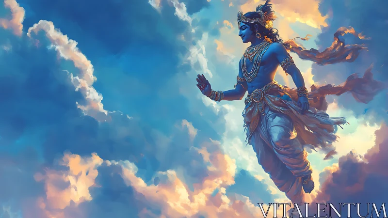 Blue-skinned mythic figure in ornate dress amid clouds.