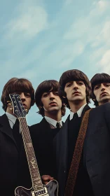 Retro guitar band gazing upward beneath a soft blue sky.