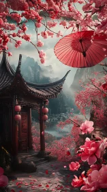 Cherry blossoms over traditional pavilion and mist valley.