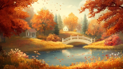 Warmly lit digital autumn valley with bridge and riverside cottages
