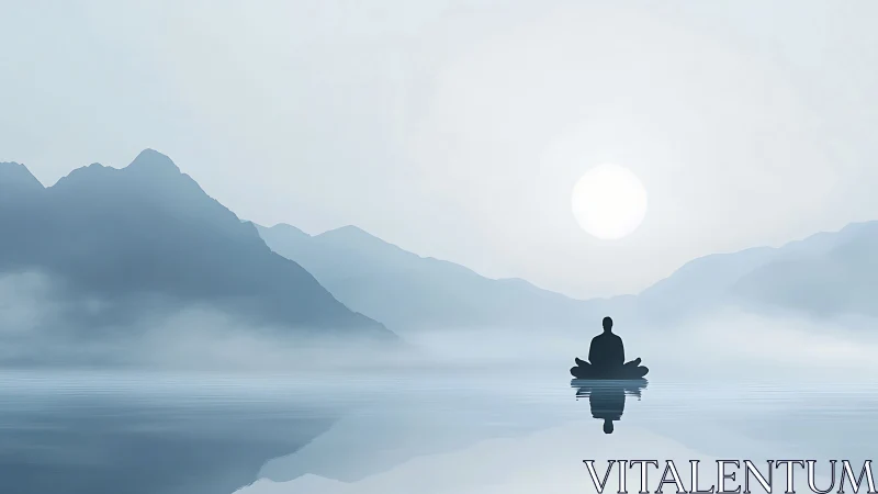 Solitary figure meditates on tranquil misty mountain lake.