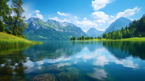 Mountain lake reflects clear sky, forest, and rocky peaks