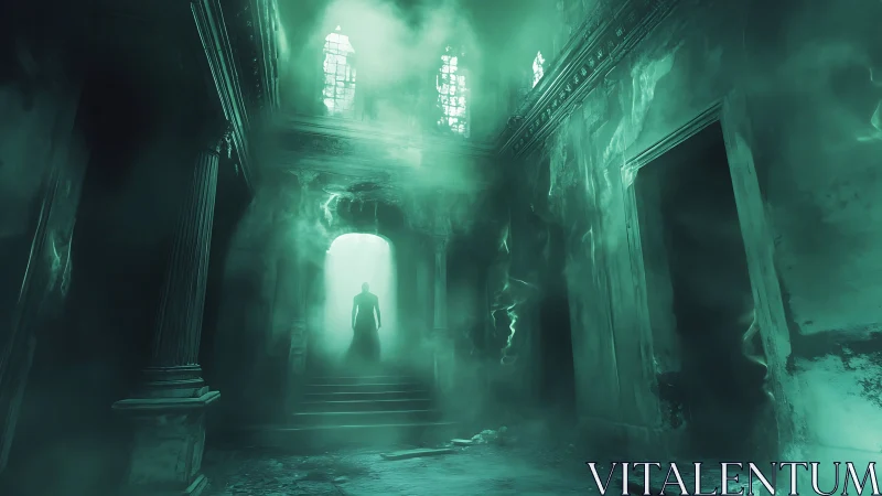 Spectral silhouette in volumetric fog within decayed hall.