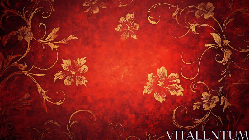 Golden floral ornaments glow over rich red texture background.