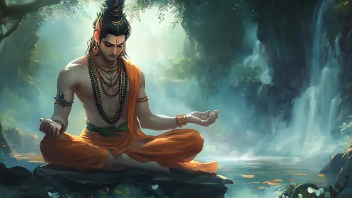 Serene ascetic meditates by a luminous waterfall sanctuary