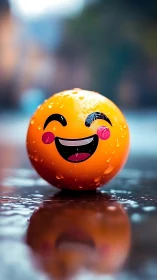 Rain-kissed smiley sphere beaming over reflective street.