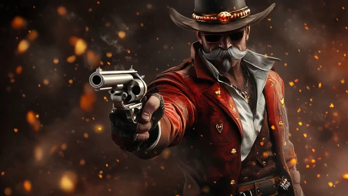 Gun-slinging outlaw aims forward amid burning embers