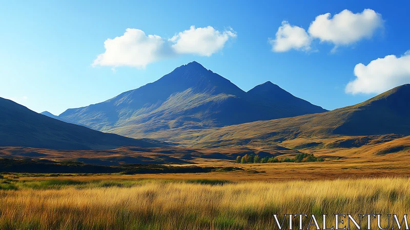 Mountain range with grassy plain under clear blue sky.
