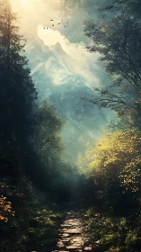 Mountain Valley Landscape with Forested Slopes and Sky