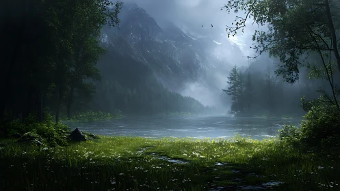 Alpine lake valley with layered atmospheric perspective rendering mountain terrain