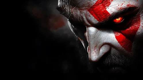 Stark war-torn warrior portrait with burning crimson gaze.