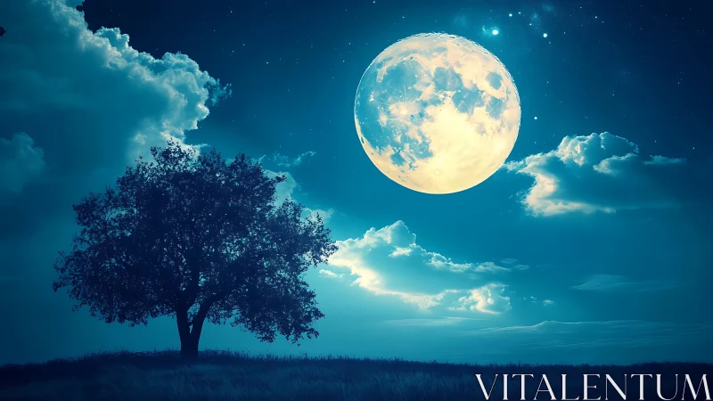 Enlarged luminous moon dominates stylized nocturnal landscape