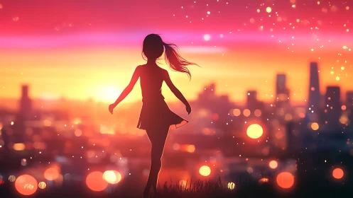 Silhouette of girl before city skyline at vivid sunset.