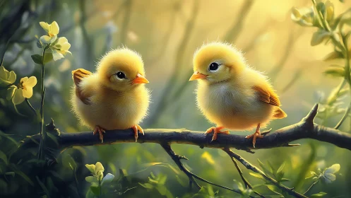 Sunlit forest perch shared by two fluffy little chicks.