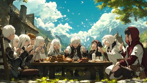 Fantasy village feast with adventurer companions outdoors.