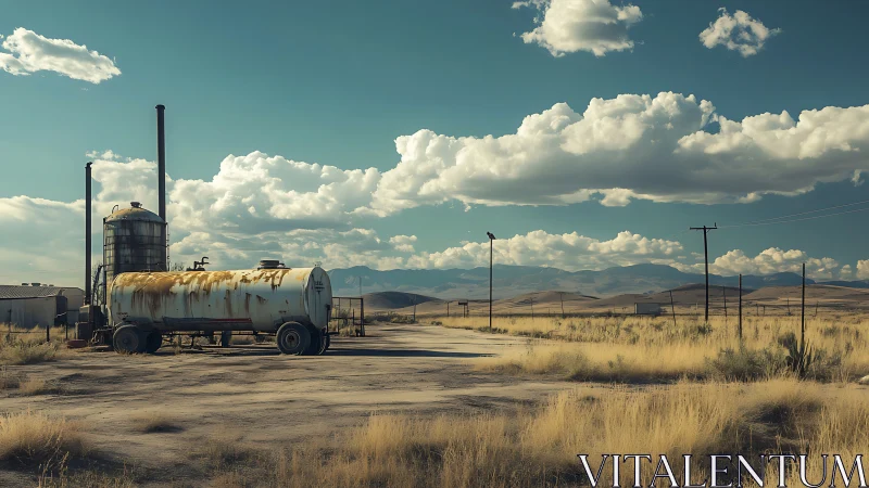 Quiet desert fuel stop beneath a wide, wandering sky.