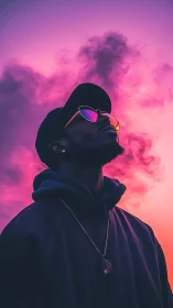 Neon‑drenched silhouette dreams beneath electric violet skies.