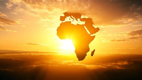 Radiant African continent silhouette glows within sunset sky.