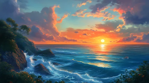 Vivid ocean sunset with rocky coast and distant small boat.
