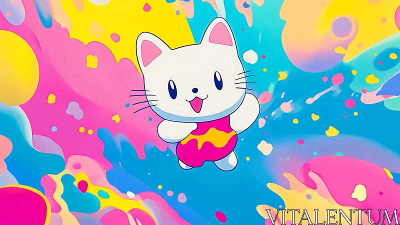 Cartoon white cat character on multicolor abstract background.