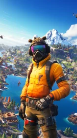 Masked explorer avatar in orange jacket over alpine island map
