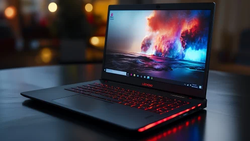 Sleek gaming laptop with vivid display and red backlight.