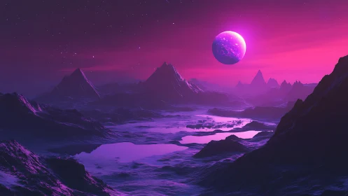 Distant planet rises above fluorescent alien mountain valley