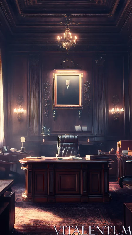 Wood-paneled executive office with portrait and desk.