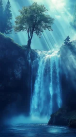 Tree stands above tall blue waterfall in misty forest