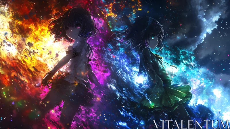 Starlit friends framed by swirling fire and gentle nebulae.