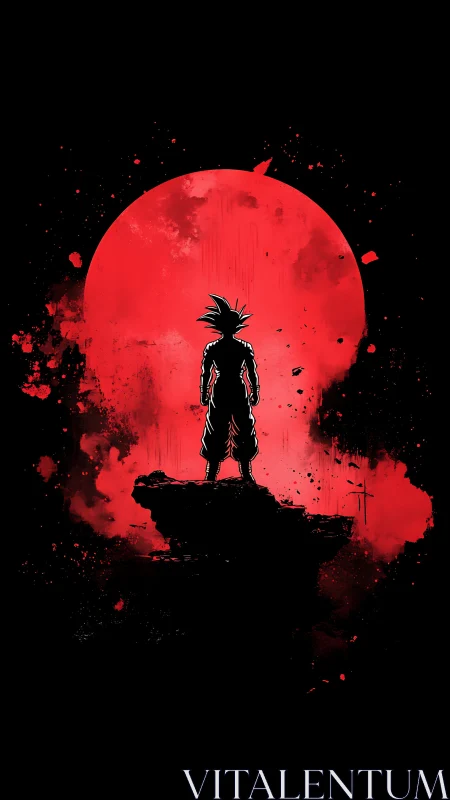 Silhouetted warrior stands against a textured crimson moon