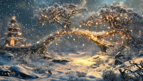 Snowlit dreambridge of lantern trees and winter cottage glow.