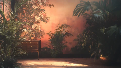 Lush indoor jungle glows against warm painted wall.