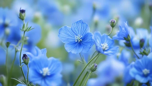 Delicate Blue Flax Flowers Bloom in Soft Focus.