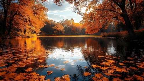 Golden autumn lake reflects glowing foliage at sunset